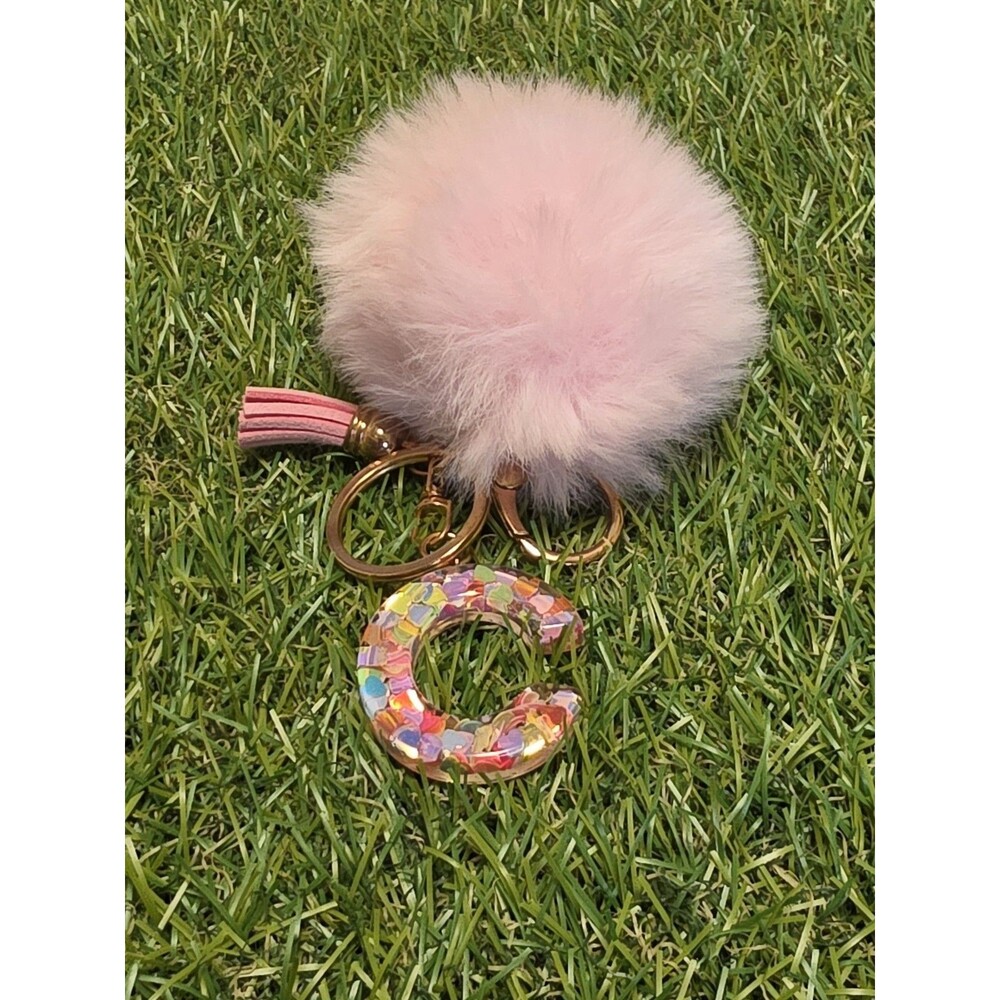 Resin Glitter Letter Initial "C" Keychain Bag Hanger With Fluffy Pink Pom Pom
